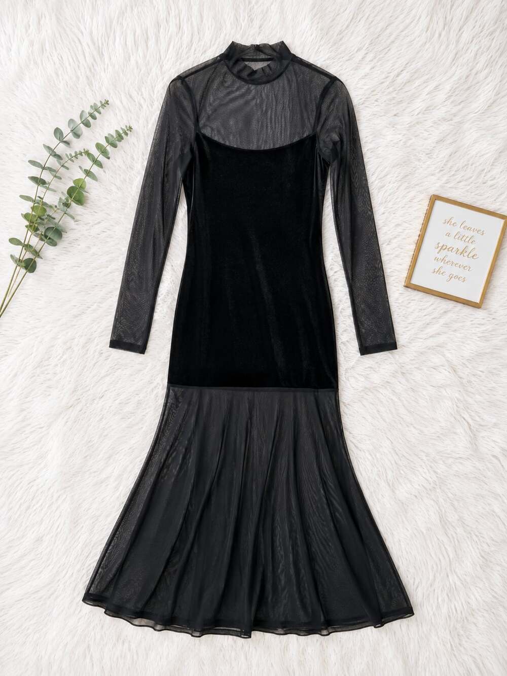 Black Long Sleeve Mesh and Velvet Maxi Dress Mock Neck Size M